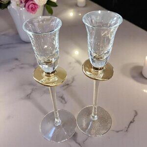 Vintage Venetian Hand-Blown Cordial Glasses – Gold Bobeche, 8" Tall, Set Of 2